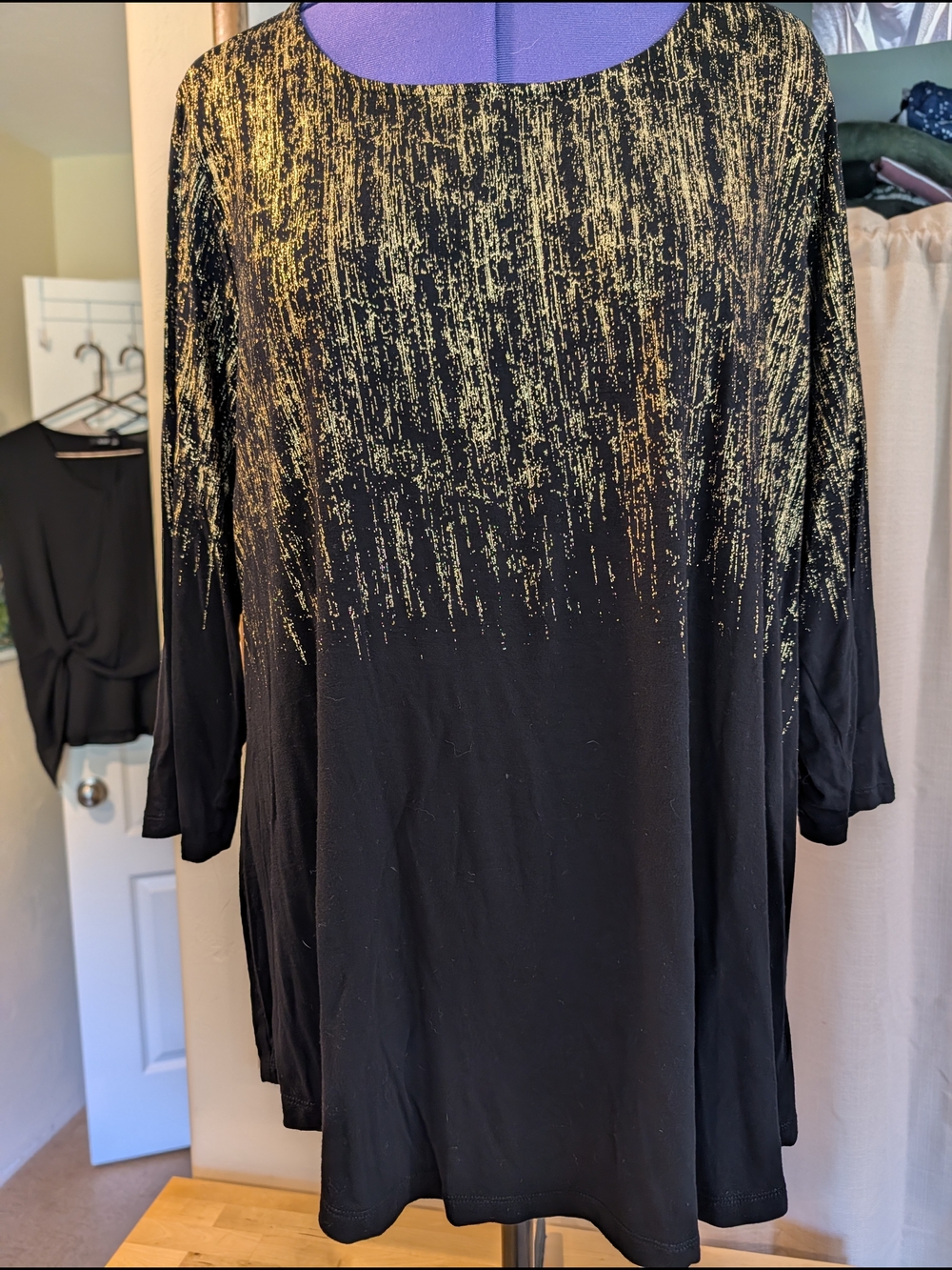 JM Collection Black Tunic with Gold Metallic Drip